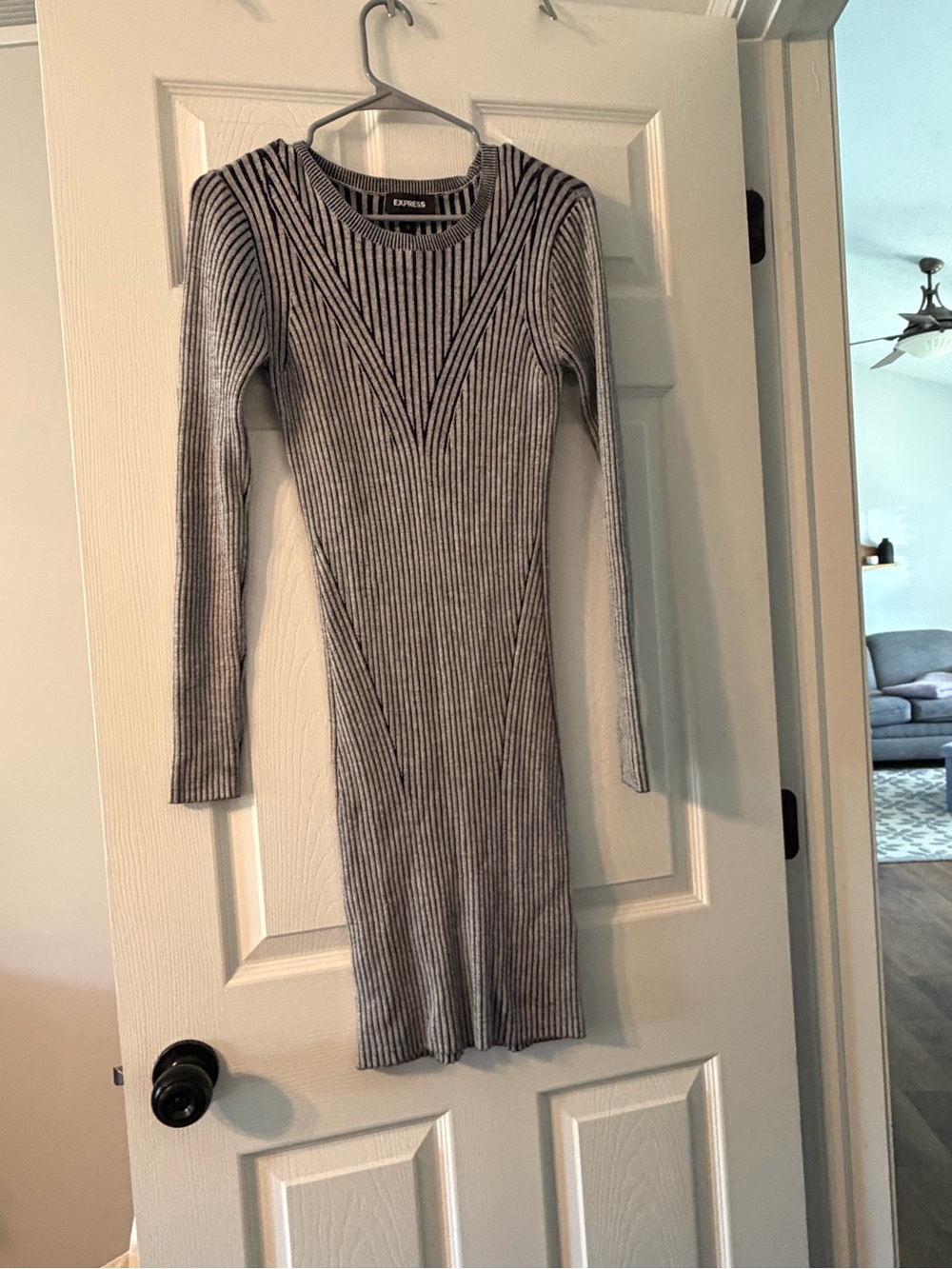 Express Gray Ribbed Long Sleeve Bodycon Dress